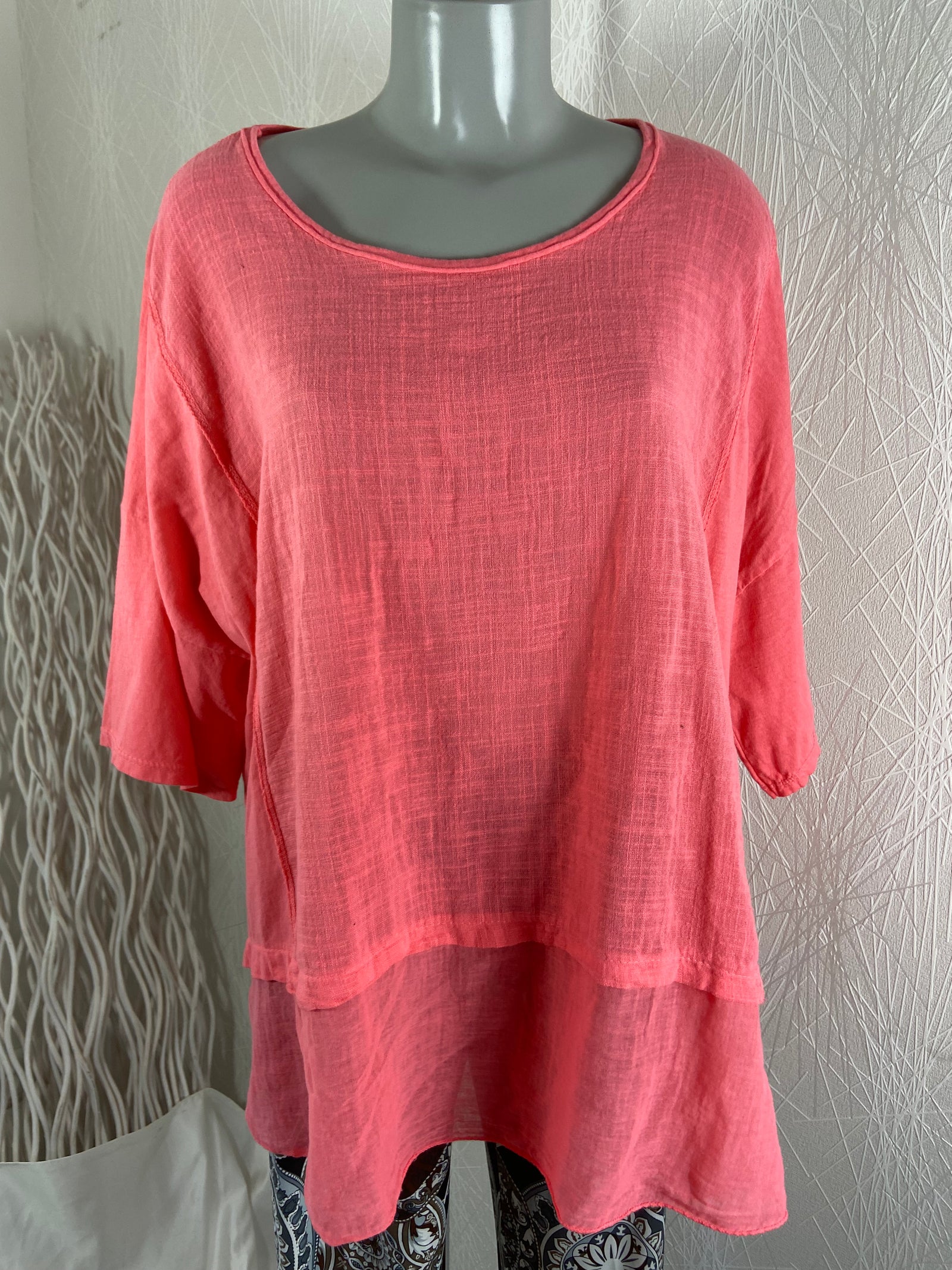 Top long en coton rose manches 3/4 New Collection - Offre-Unique