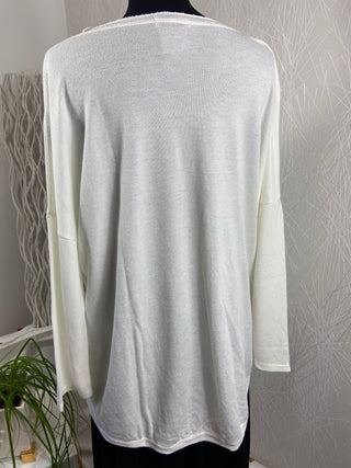 Pull-over blanc long ample encolure ronde manches longues Danny - Taille Unique