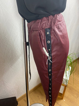 Pantalon simili cuir coupe droite taille haute élastique lacet D-Style