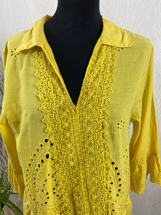 Robe ajourée jaune manches 3/4 100% coton Laure 25 - Taille Unique