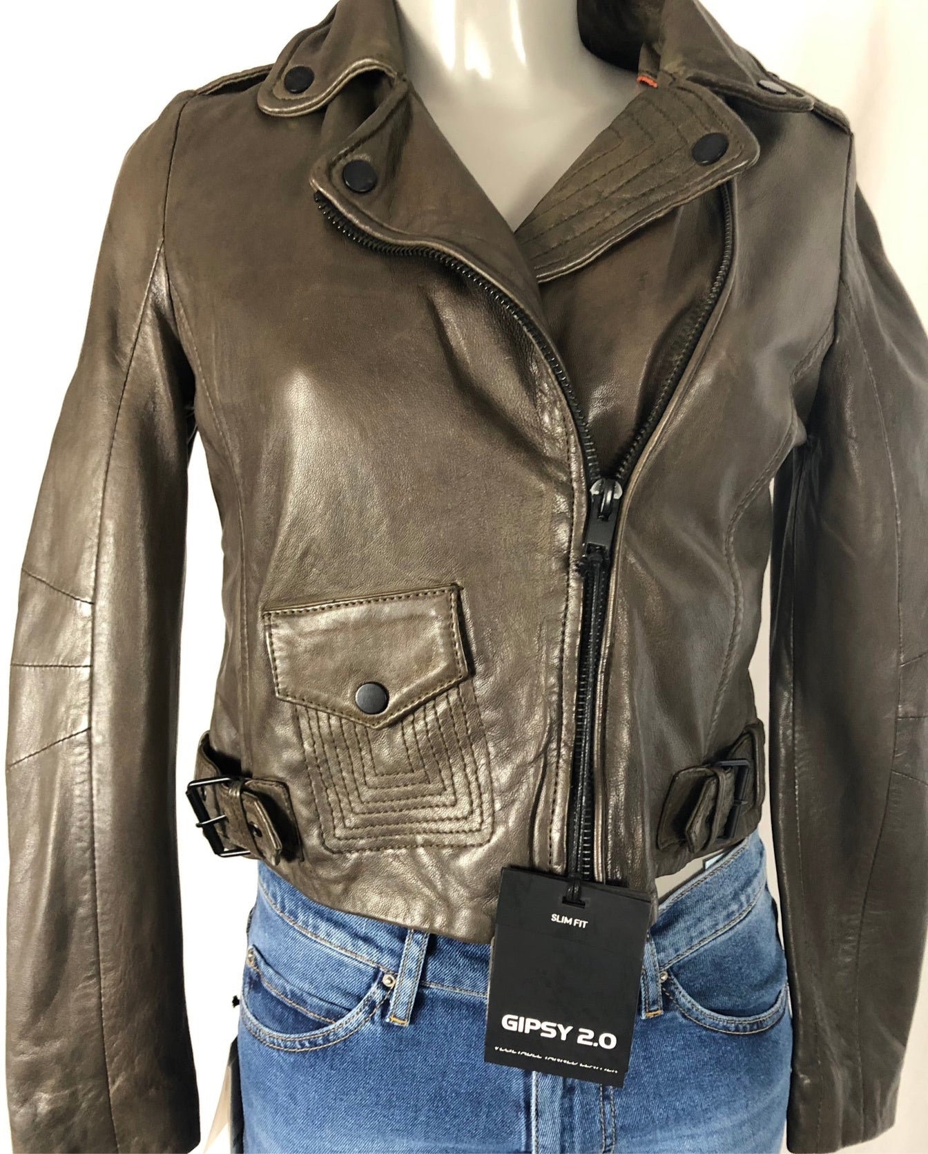 Blouson cuir brun kaki doublé femme style motard Gipsy - Offre-Unique