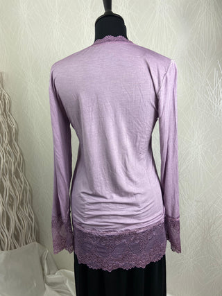 T-shirt dentelle manches longues col V rose - Taille Unique