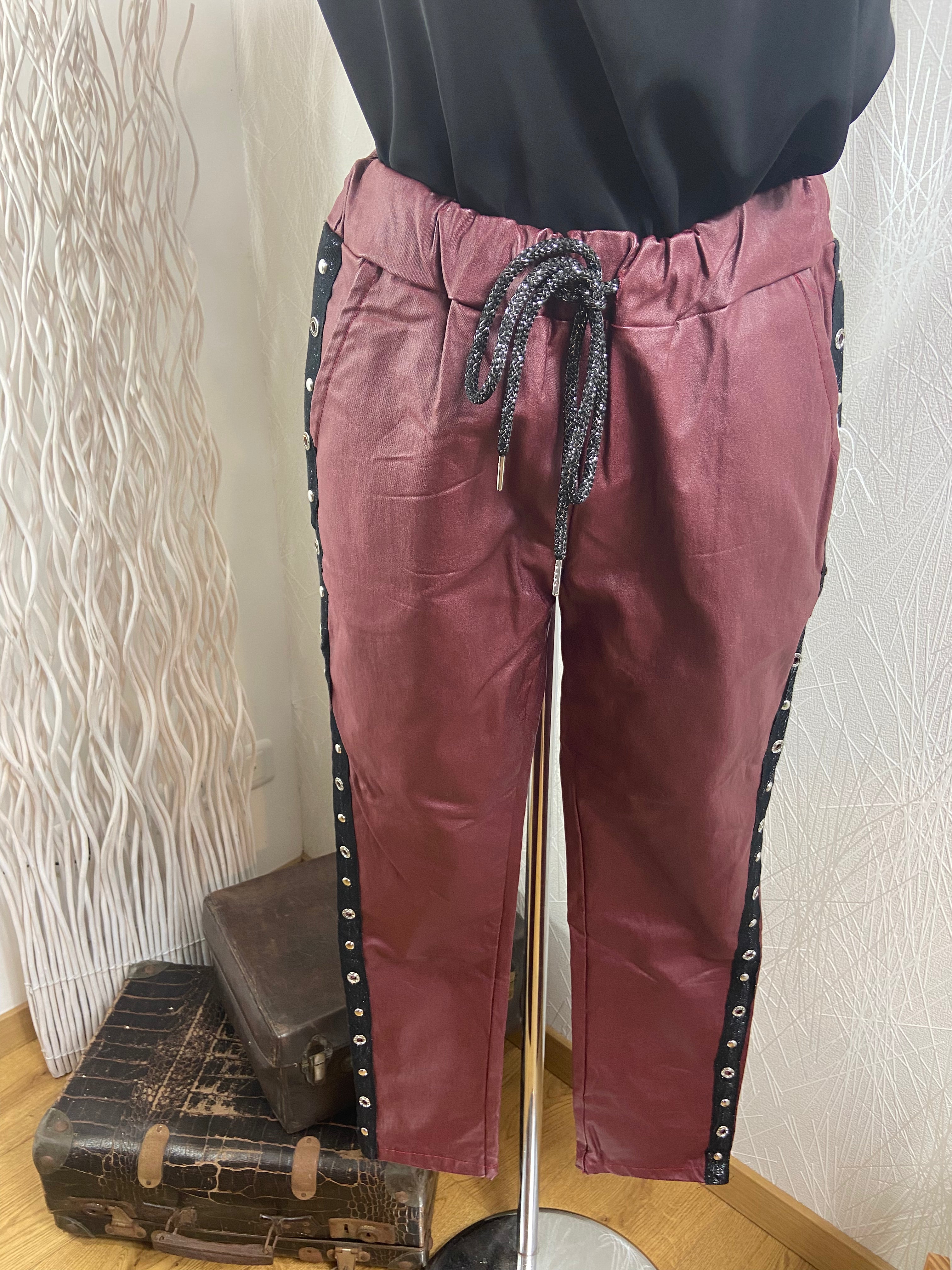 Pantalon simili cuir coupe droite taille haute élastique lacet D-Style - Offre-Unique