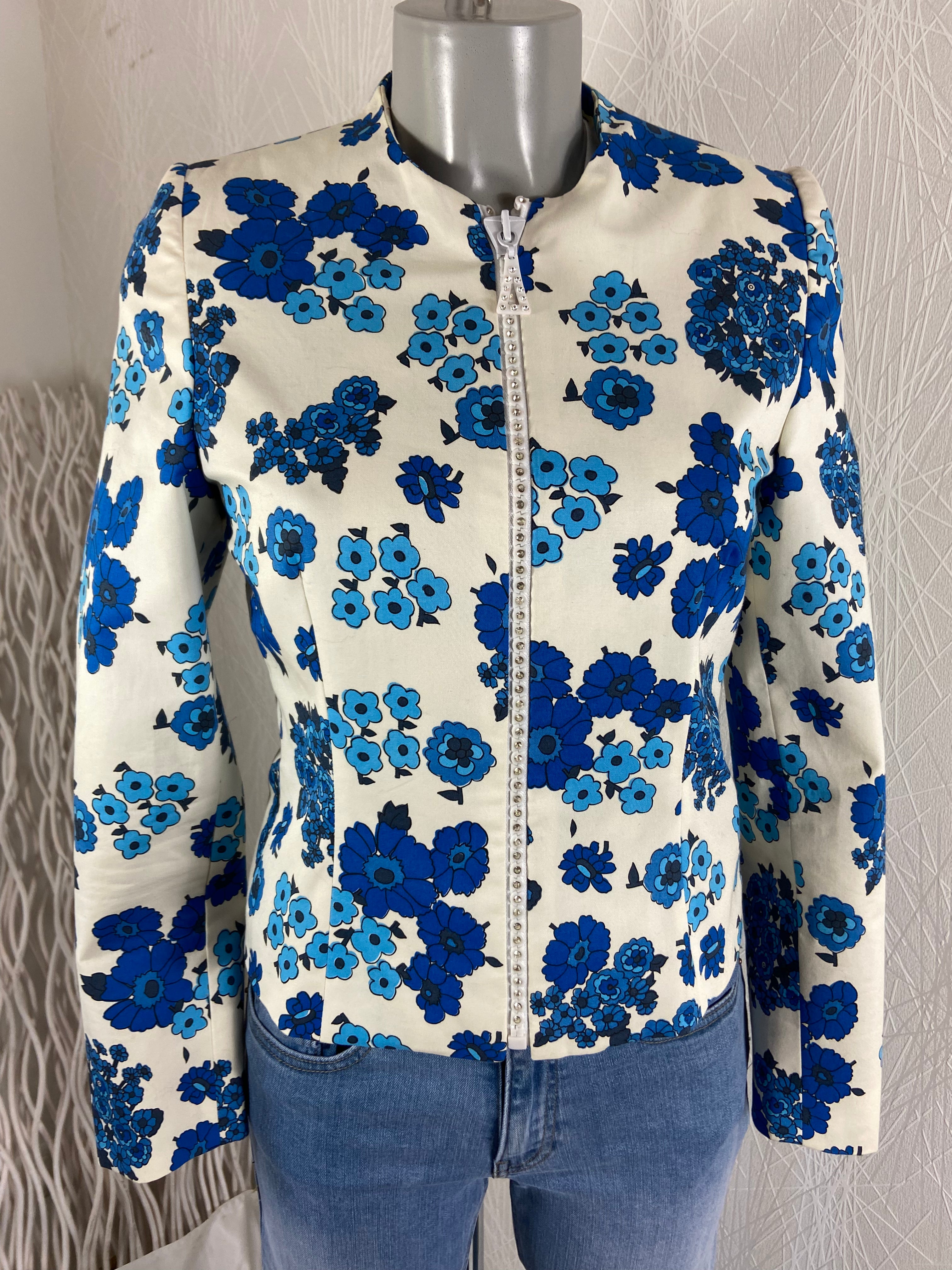 Veste doublée de créateur crème et fleurs bleues Tabala Paris - Offre-Unique