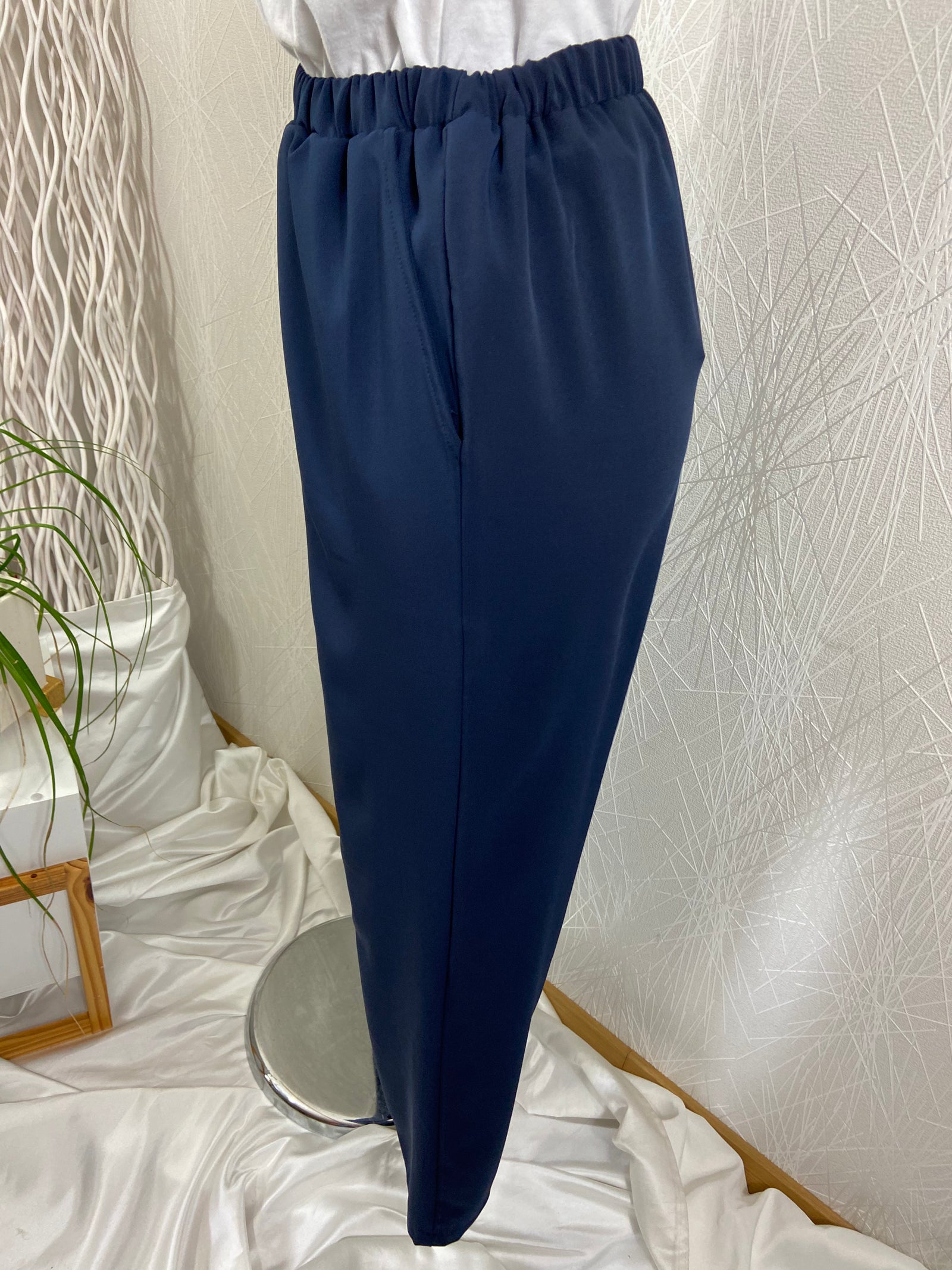 Pantalon bleu marine léger fluide taille haute élastique Kakie