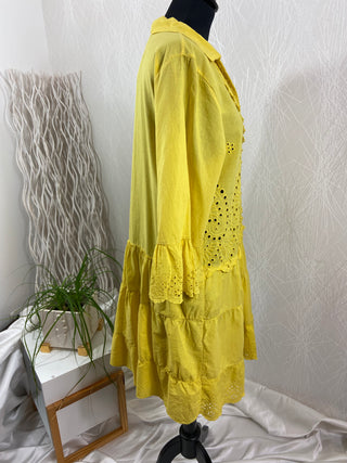 Robe ajourée jaune manches 3/4 100% coton Laure 25 - Taille Unique