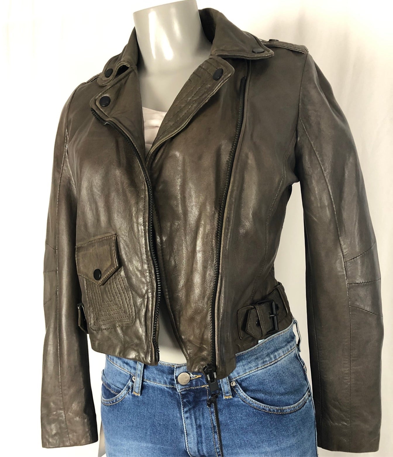 Blouson cuir brun kaki doublé femme style motard Gipsy - Offre-Unique