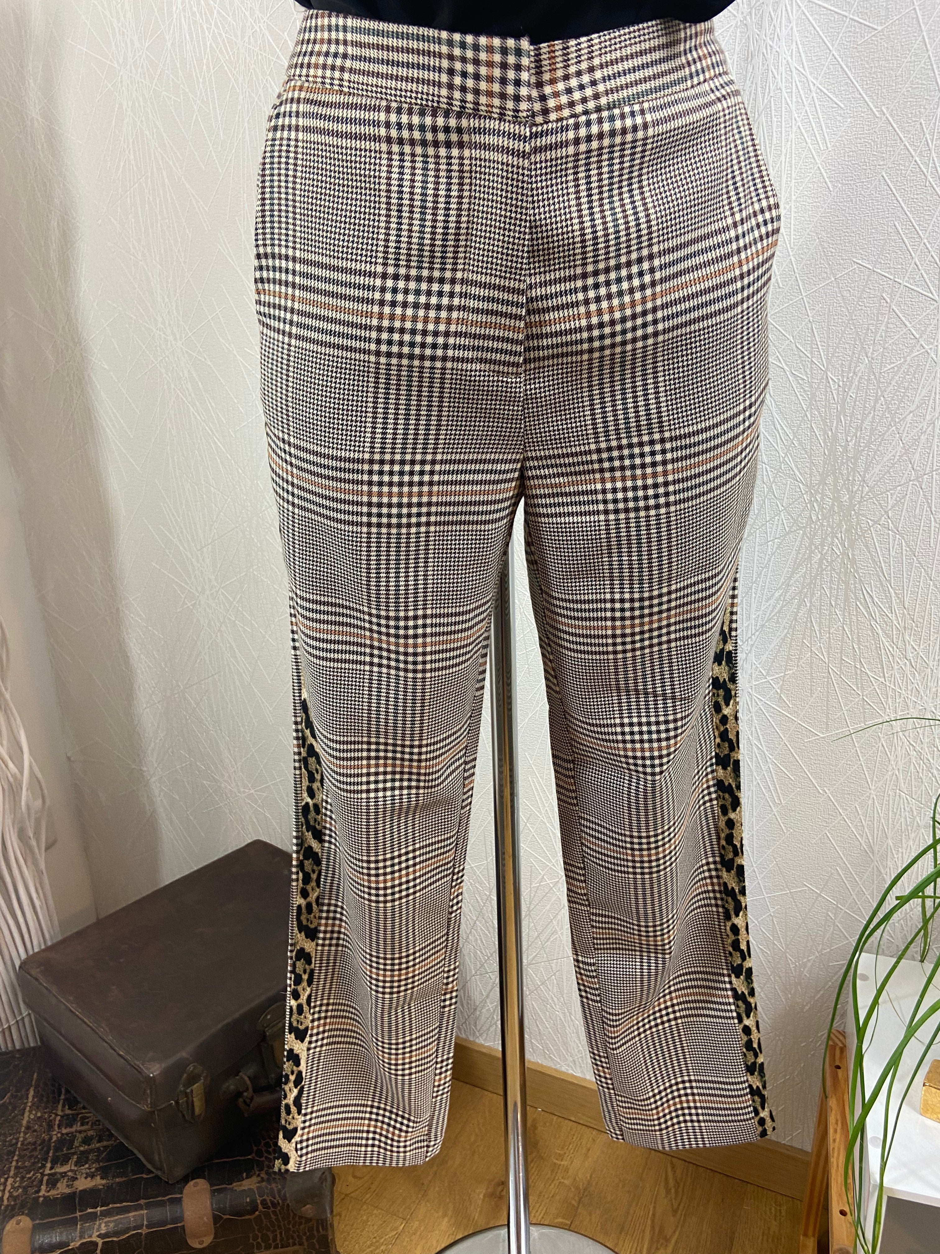 Pantalon à carreaux liseré léopard coupe droite taille élastique Jus d'Orange - Offre-Unique