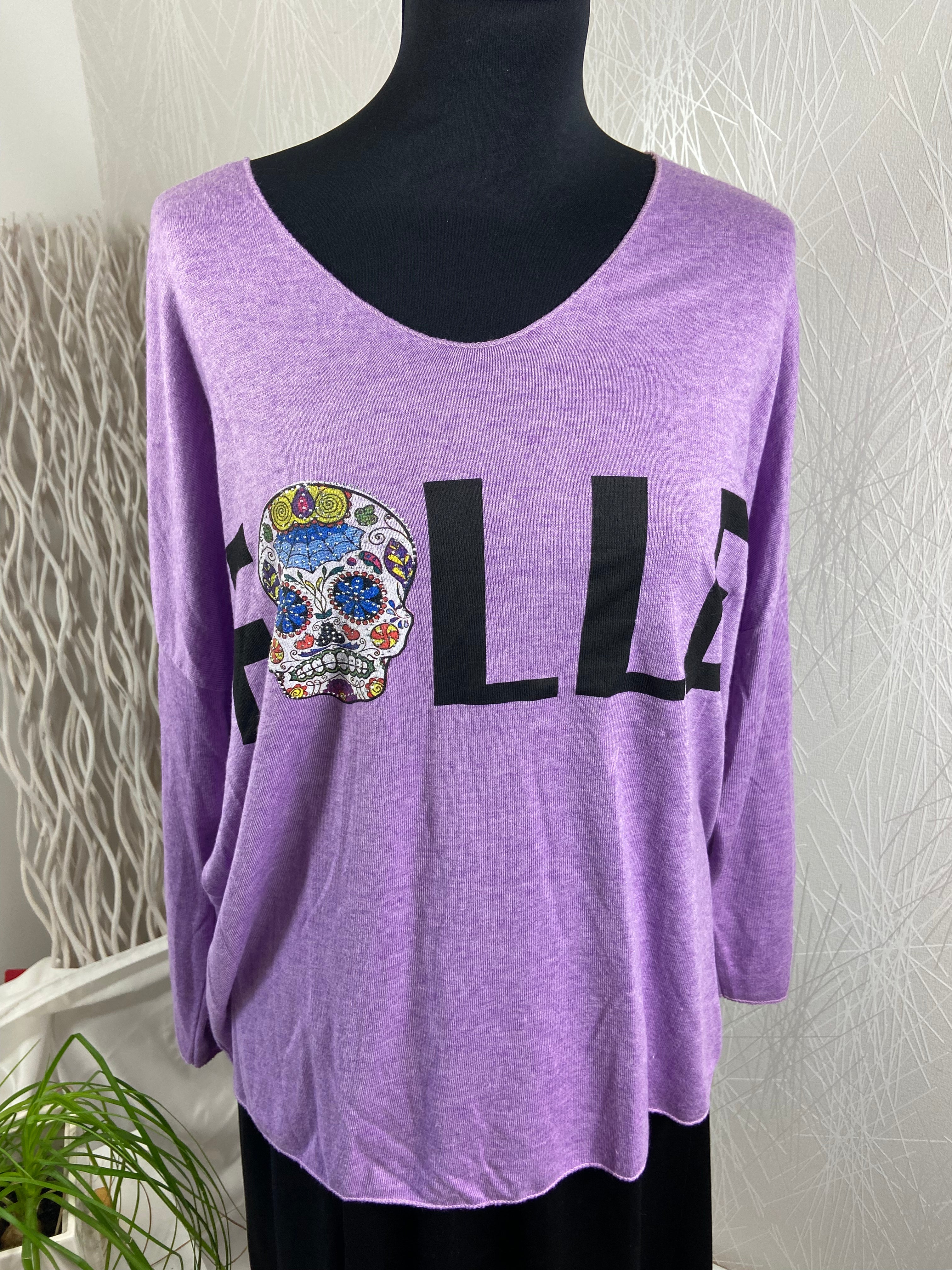 Pull-over violet manches longues tete de mort inscription FOLLE Milbleuet - Taille Unique